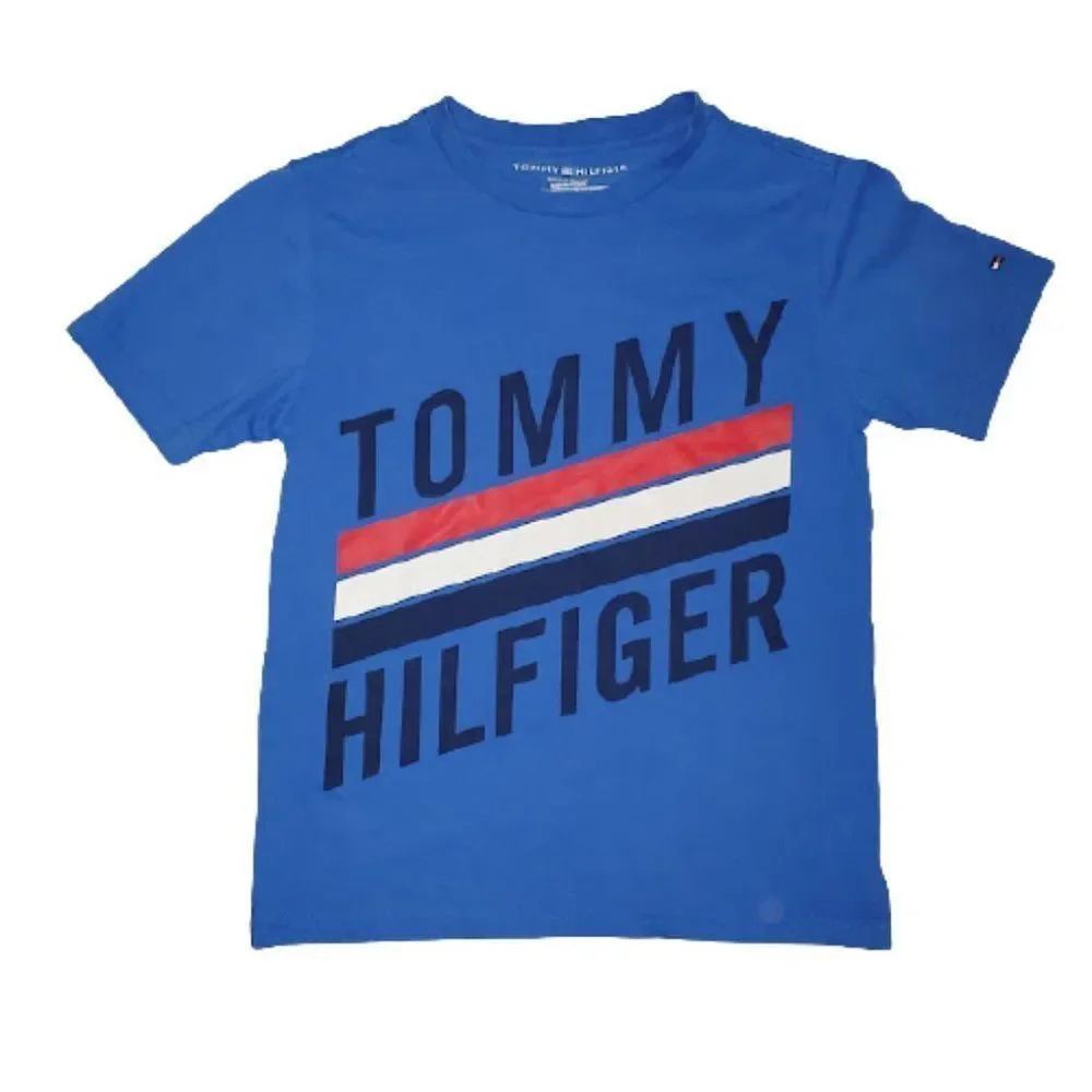 Tommy Hilfiger Boy's Blue Short Sleeve Big Logo Embroidered T-Shirt Size…